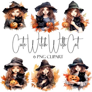 Cute Witch With Cat Clipart, Halloween Graphics, PNG Images, POD Use, Commercial Use, Instant Download