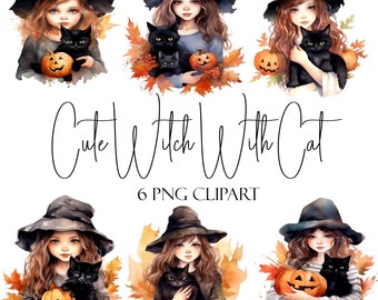 Clipart di strega e gatto, immagini PNG trasparenti (uso commerciale)