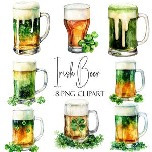 Pode incluir: Oito ilustrações de aquarela de canecas de cerveja irlandesa com folhas de trevo verdes. As canecas estão cheias de cerveja verde e dourada. O texto "Irish Beer" e "8 PNG CLIPART" está escrito abaixo das canecas.