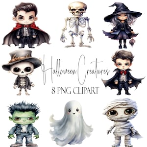 Halloween Creatures Clipart, Frankenstein Ghost Dracula Witch Ghost Vampire Mummy Skeleton PNGs, Commercial and POD Use