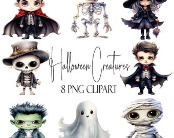 Halloween Creatures Clipart: Ghost, Vampire, Mummy (PNGs, Commercial Use)