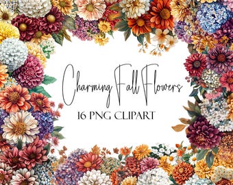 Watercolor Fall Flowers Clipart: 16 PNG Autumn Floral Designs (Digital Download)