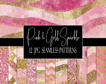 Pink & Gold Sparkle Seamless Patterns: Commercial Use Digital Paper (12 JPG) (Instant Download)