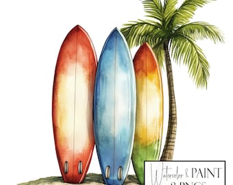 Watercolor Surfboard Clipart Bundle, 8 PNG Transparent Images, Instant Download, Commercial Use, POD Friendly