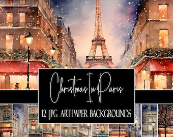 May include: Watercolor painting of a snowy Parisian street scene with the Eiffel Tower in the background. The image features buildings with red awnings, street lamps, and the text "Christmas In Paris" and "12 JPG ART PAPER BACKGROUNDS".