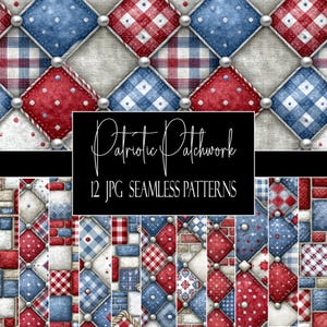 Könnte beinhalten: Eine digitale Sammlung von 12 nahtlosen Mustern mit dem Titel Patriotic Patchwork. Die Designs zeigen eine gesteppte Optik mit rautenförmigen Segmenten in Rot, Weiß und Blau, akzentuiert durch kleine silberne Nieten an den Kreuzungspunkten.