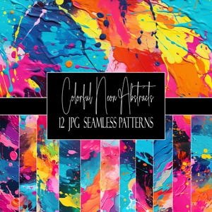 Neon Abstract Seamless Patterns: Colorful Digital Paper Pack (12 JPG, Commercial Use)