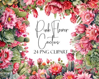 Pink Flower Cactus, Succulent Clipart, 24 PNGs, Instant Download, Commercial Use, POD Use