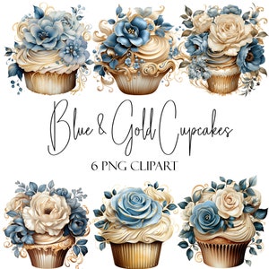 Blau und Gold Cupcake Clipart, Aquarell-Elemente, PNG-Format, Sofort-Download, kommerzielle Nutzung, POD-Nutzung