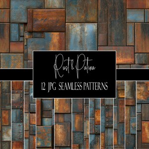 May include: A digital collection of 12 seamless patterns featuring a rust and patina texture with rectangular metal panels in shades of oxidized orange, brown, and blue. The central black rectangular overlay displays the white text Rust & Patina 12 JPG SEAMLESS PATTERNS.