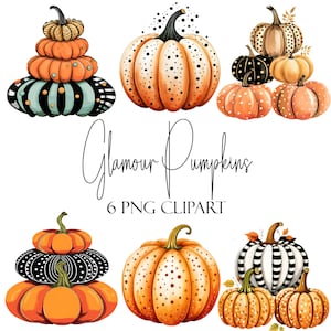 Clipart de calabaza glamorosa, elementos de otoño en acuarela, formato PNG, descarga instantánea, uso POD, uso comercial