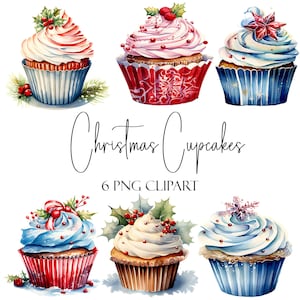 Cupcakes navideños, elementos de acuarela, formato PNG, descarga instantánea, uso comercial, uso POD
