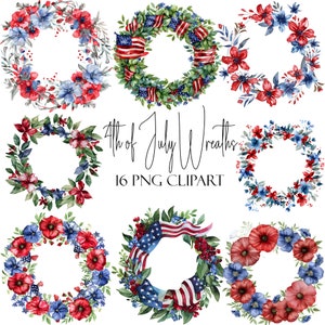 May include: Set of 8 watercolour wreaths featuring red, white and blue flowers, stars and an American flag. The wreaths are perfect for adding a patriotic touch to your home decor.