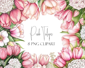 Pink Tulip Clipart PNG Bundle, 8 Transparent Designs, Instant Download, Commercial Use, POD Use