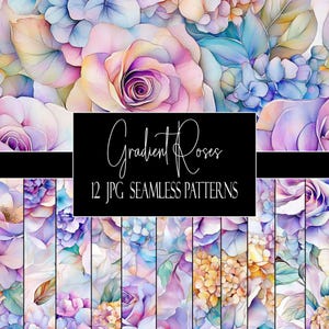 May include: A digital art design featuring watercolor roses and hydrangeas in shades of pink, purple, and blue. The image includes the text "Gradient Roses" and "12 JPG Seamless Patterns" on a black background. The floral design is suitable for various creative projects.