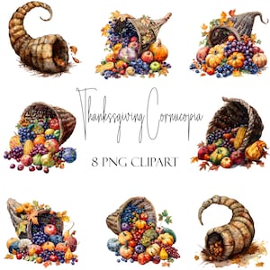 Cornucopia del Ringraziamento, Clipart acquerello, 8 PNG, Download immediato, Uso commerciale, Uso POD