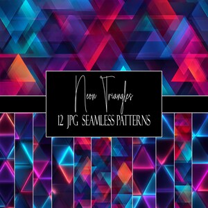 May include: A digital artwork presenting 12 JPG seamless patterns. The patterns are composed of neon triangles in blue, purple, pink, and orange hues. The text "Neon Triangles" and "12 JPG Seamless Patterns" is displayed on a black rectangle.