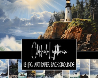 Könnte beinhalten: Digitaldruck eines Leuchtturms auf einer Klippe, mit tosenden Wellen und einem dramatischen Himmel. Das Bild enthält den Text "Cliffside Lighthouse" und "12 JPG Art Paper Backgrounds". Das Kunstwerk erinnert an das Meer und die Natur.