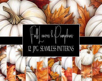 May include: A digital illustration featuring white pumpkins and autumn leaves in shades of orange, red, and brown. The image includes the text "Fall Leaves & Pumpkins" and "12 JPG Seamless Patterns" on a black background.