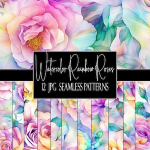 Watercolor Rainbow Rose Seamless Patterns: Commercial Use Digital Paper (JPG, 4000x4000, 12pc)
