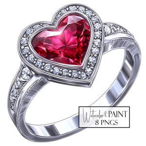 May include: A silver ring with a heart-shaped, faceted, red gemstone center, surrounded by a halo of small, clear gemstones. The ring band is also detailed with small gemstones. The image includes the text "Watercolor & PAINT 8 PNGs".