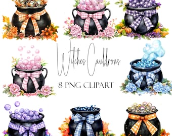 Witches Cauldron, Watercolor Clipart, 8 PNGs, Instant Download, Commercial Use, POD Use