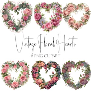 Vintage Blumenherzen, Aquarell Clipart, PNG-Format, Sofort-Download, kommerzielle Nutzung, POD-Verwendung