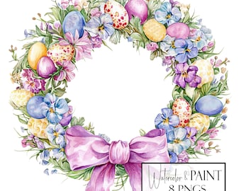 水彩イースターリース クリップアート バンドル、8 つの透明な PNG、即時ダウンロード、商用利用、POD 対応