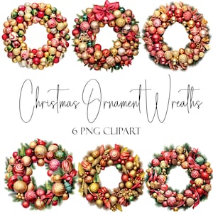 Coronas de adornos navideños, clipart de acuarela, formato PNG, descarga instantánea, uso comercial, uso POD