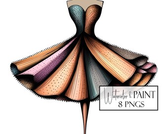 Haute Couture Dress Clipart, 8 Transparent PNGs, Commercial Use, POD Friendly