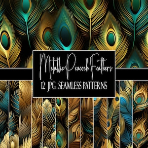 Metallic Peacock Feathers Seamless Patterns, 12 JPG Digital Papers, Instant Download, Commercial Use, POD Use