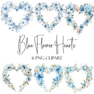 Blaue Blumen Herzen, Aquarell Clipart, PNG-Format, Sofort Download, kommerzielle Nutzung, POD Verwendung