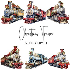 クリスマス列車、水彩クリップアート、PNG 形式、即時ダウンロード、商用利用、POD 利用