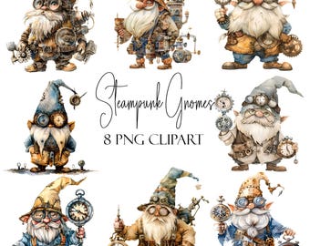 Gnomos Steampunk, clipart de acuarela, 8 PNG, descarga instantánea, uso comercial, uso POD