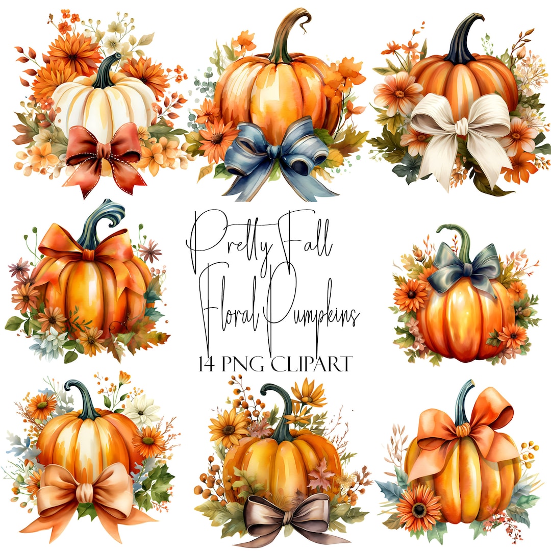 Watercolor Fall Pumpkin Clipart: Floral Autumn PNG Elements (instant ...