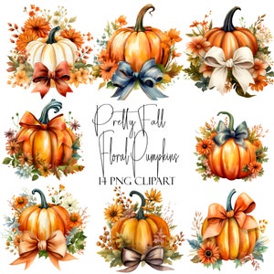 Hübsche Herbst Blumen Kürbis Clipart, Aquarell Herbst Elemente, PNG-Format, Sofortiger Download, POD-Verwendung, Kommerzielle Nutzung