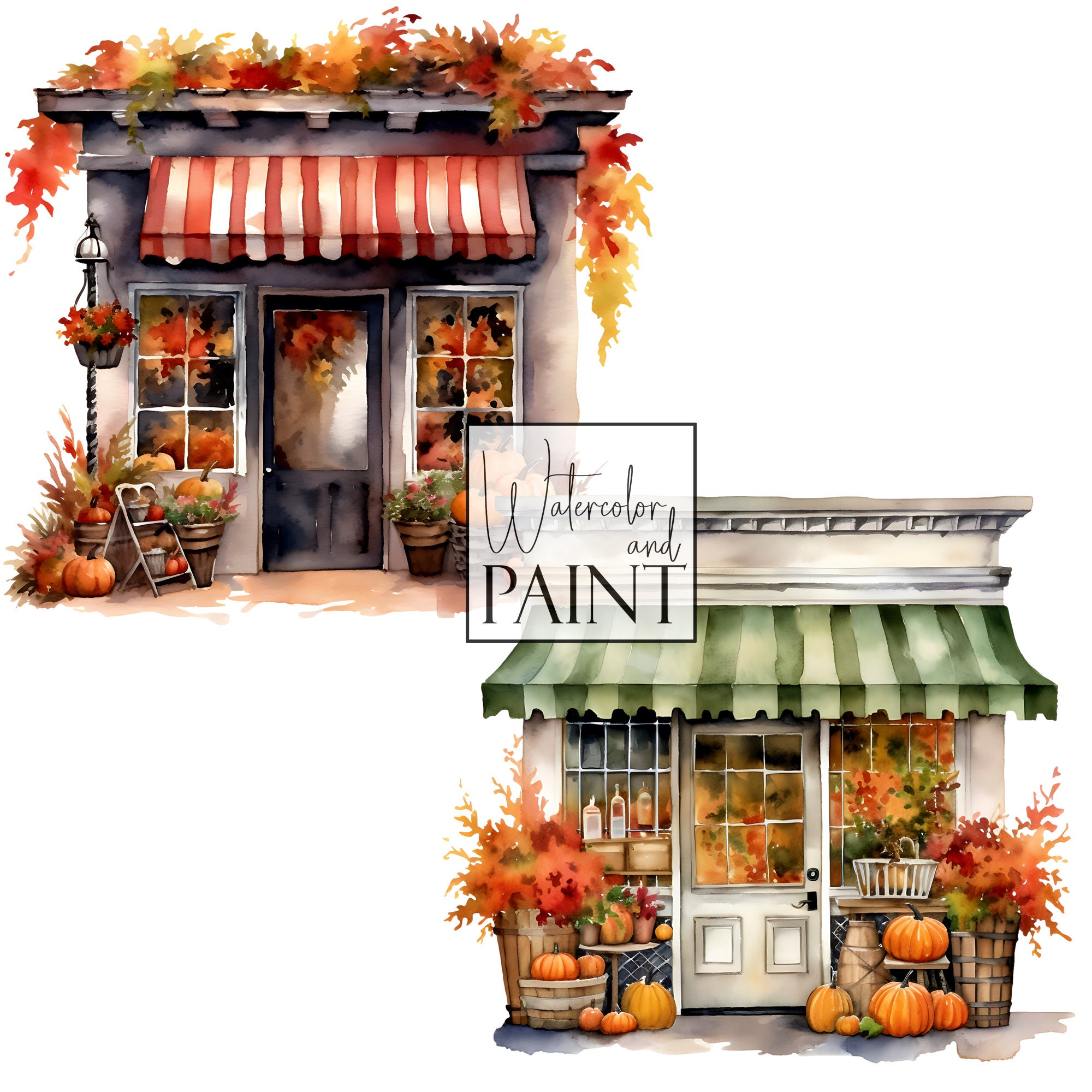 Fall Storefront Background Fall Storefront Clipart, Watercolor Autumn Elements, Instant Download ...