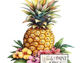 Watercolor Floral Pineapple Clipart | 8 PNGs | Instant Download | Commercial & POD Use