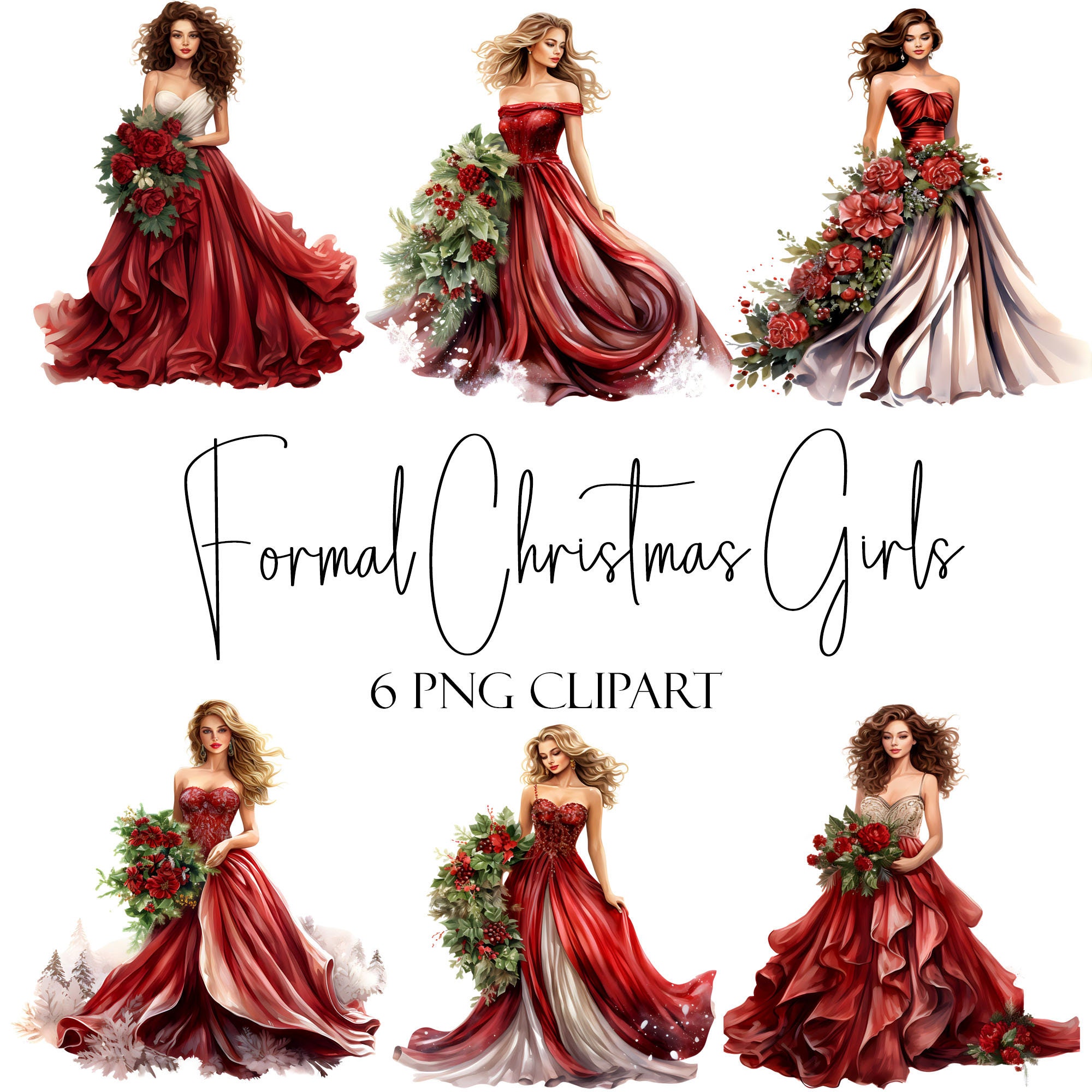 christmas dress clipart Formal Christmas Girls, Watercolor Clipart, PNG Format, Instant Download,  Commercial Use, POD Use