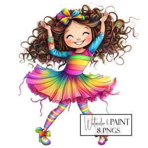 Pode incluir: Ilustração digital de uma menina sorridente com cabelo castanho encaracolado, vestindo um vestido, leggings e sapatos coloridos com as cores do arco-íris. Ela tem um laço combinando no cabelo e uma pulseira. A imagem inclui o texto "Watercolor & PAINT 8 PNGS".