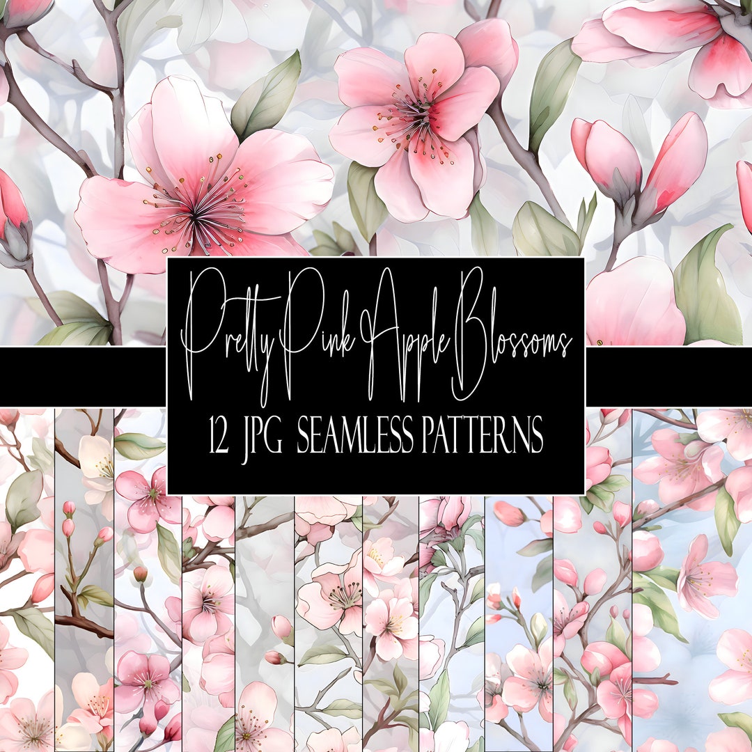 Pretty Pink Apple Blossoms, Seamless Patterns, 12 Jpgs, Instant ...
