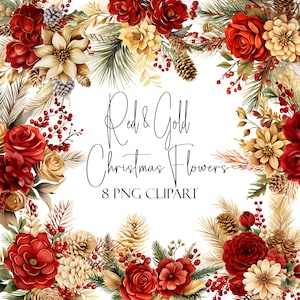Rot und Gold Weihnachtsblumen, Floral Clipart, PNG-Format, Sofort-Download, POD verwenden, kommerzielle Nutzung