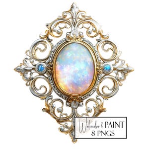 May include: An ornate gold and silver frame with a large iridescent opal gemstone in the centre. The frame is decorated with intricate scrollwork and two smaller blue gemstones.