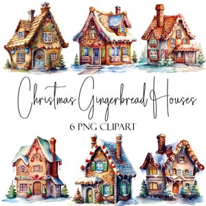 Weihnachtslebkuchenhäuser, Aquarellelemente, PNG-Format, Sofort-Download, kommerzielle Nutzung, POD-Nutzung