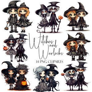 Hexe und Hexenmeister Clipart, Aquarell Halloween-Elemente, PNG-Format, sofortiger Download, kommerzielle Nutzung, POD-Verwendung