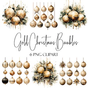 Gold Weihnachtskugeln, Aquarell Clipart, PNG-Format, Sofort Download, kommerzielle Nutzung, POD Verwendung