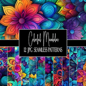 Mandala colorati con motivi senza soluzione di continuità, 12 fogli digitali JPG, download immediato, uso commerciale, utilizzo POD