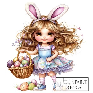 Watercolor Easter Girls Clipart Collection, 8 Transparent PNGs, Instant Download Commercial and POD Use