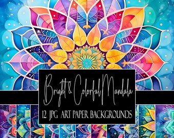Paquete de papel digital con mandalas de colores: uso comercial y POD (12 fondos JPG, 33 x 33 cm)
