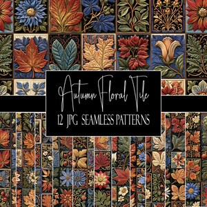May include: A collection of 12 seamless digital patterns featuring embossed autumn floral and leaf motifs in shades of red, orange, blue, and green. The image displays a grid of square tiles with botanical designs and text reading Autumn Floral Tile 12 JPG SEAMLESS PATTERNS.